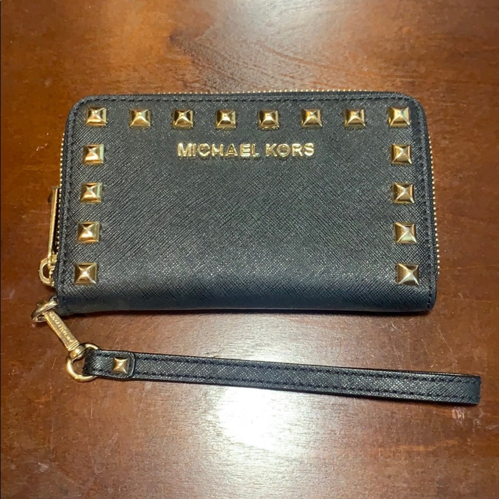 Michael Kors Black Wristlet with Gold Studs